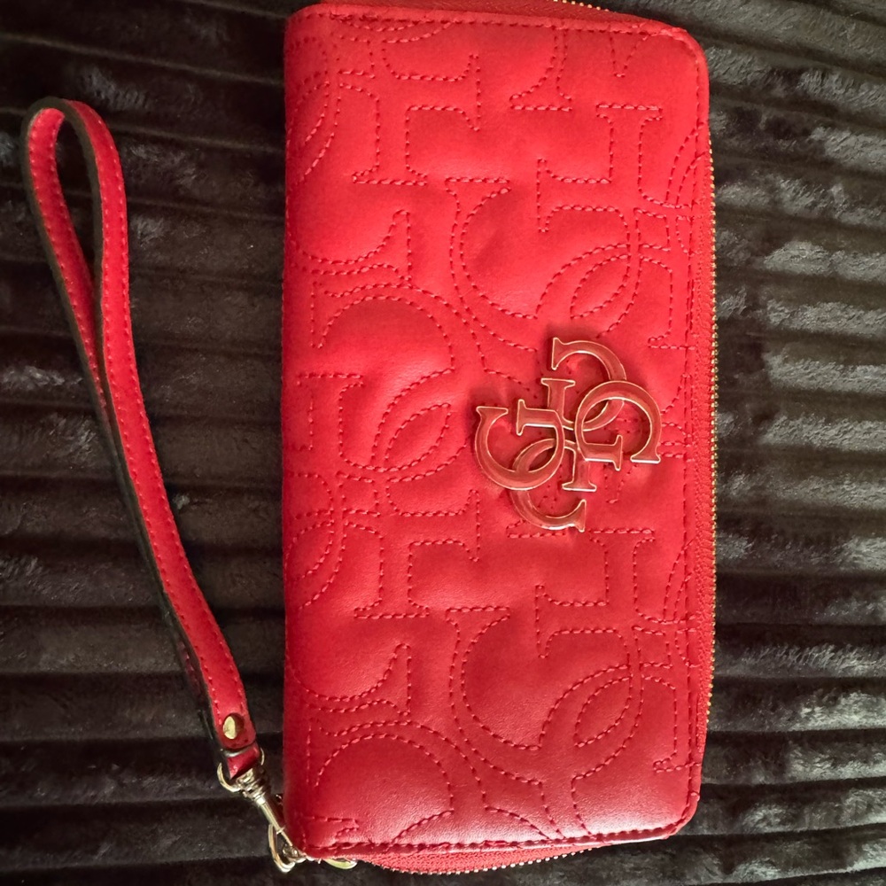 Red Embossed Leather Wristlet